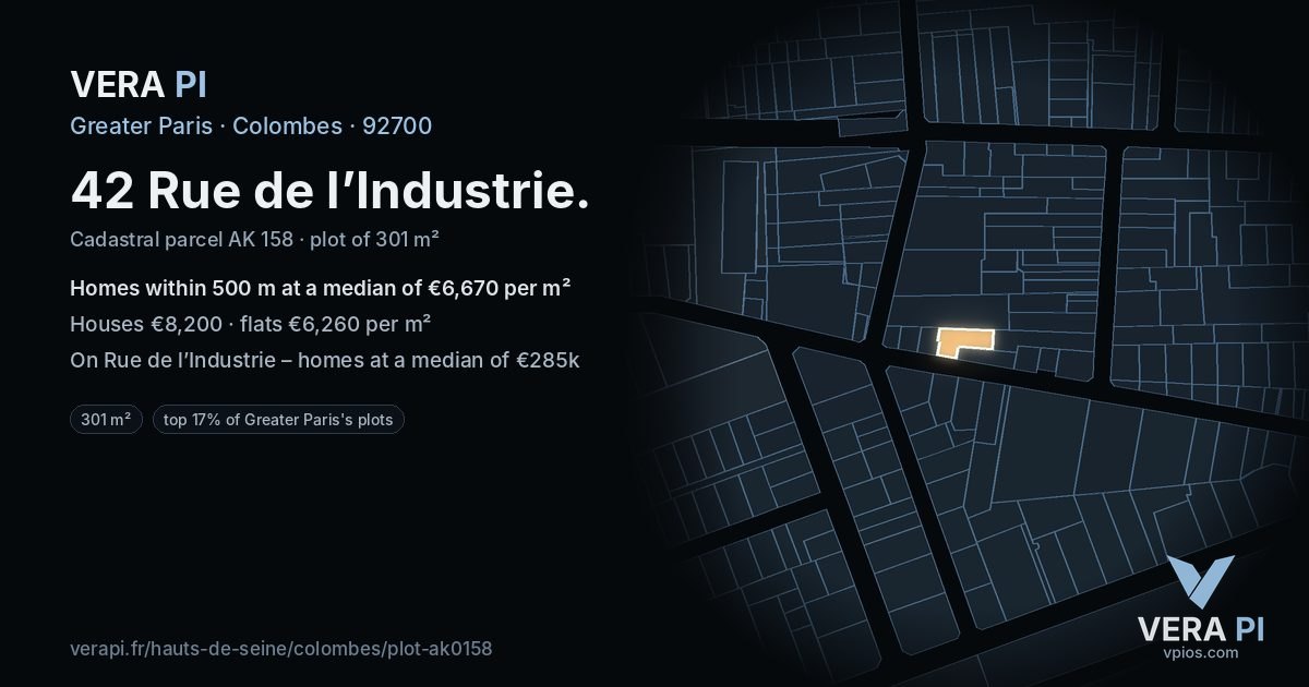 42 Rue de l’Industrie, Colombes at night – the plot lit, the parcels around coloured by the prices near them