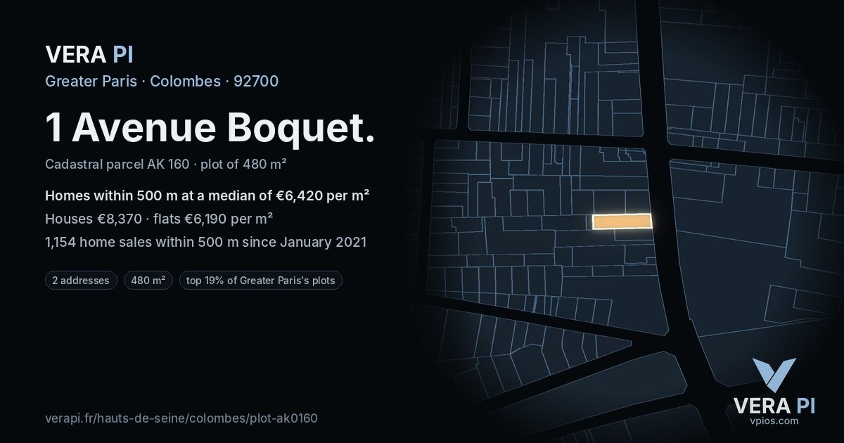 1 Avenue Boquet, Colombes at night – the plot lit, the parcels around coloured by the prices near them