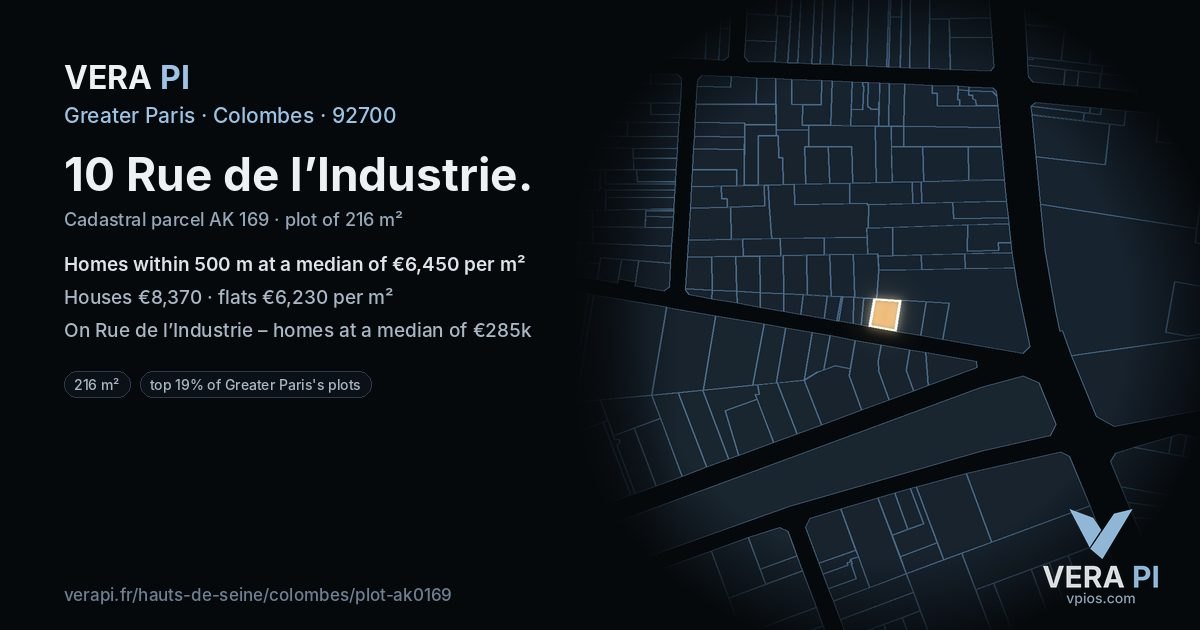 10 Rue de l’Industrie, Colombes at night – the plot lit, the parcels around coloured by the prices near them