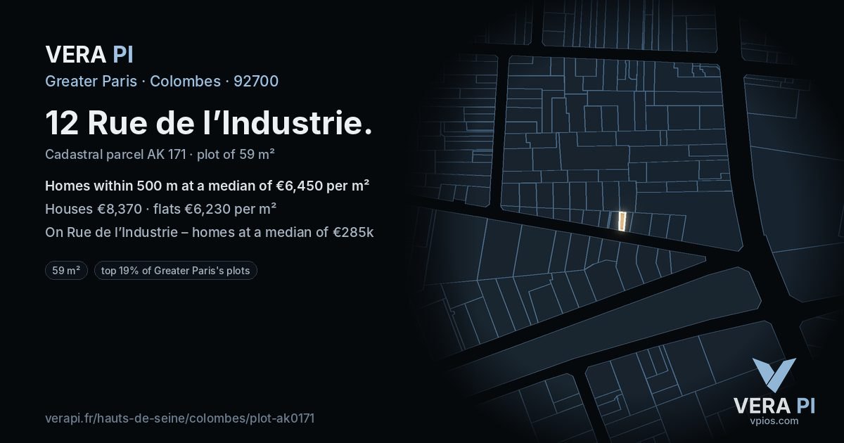 12 Rue de l’Industrie, Colombes at night – the plot lit, the parcels around coloured by the prices near them