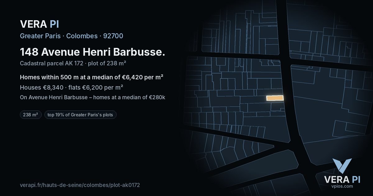 148 Avenue Henri Barbusse, Colombes at night – the plot lit, the parcels around coloured by the prices near them
