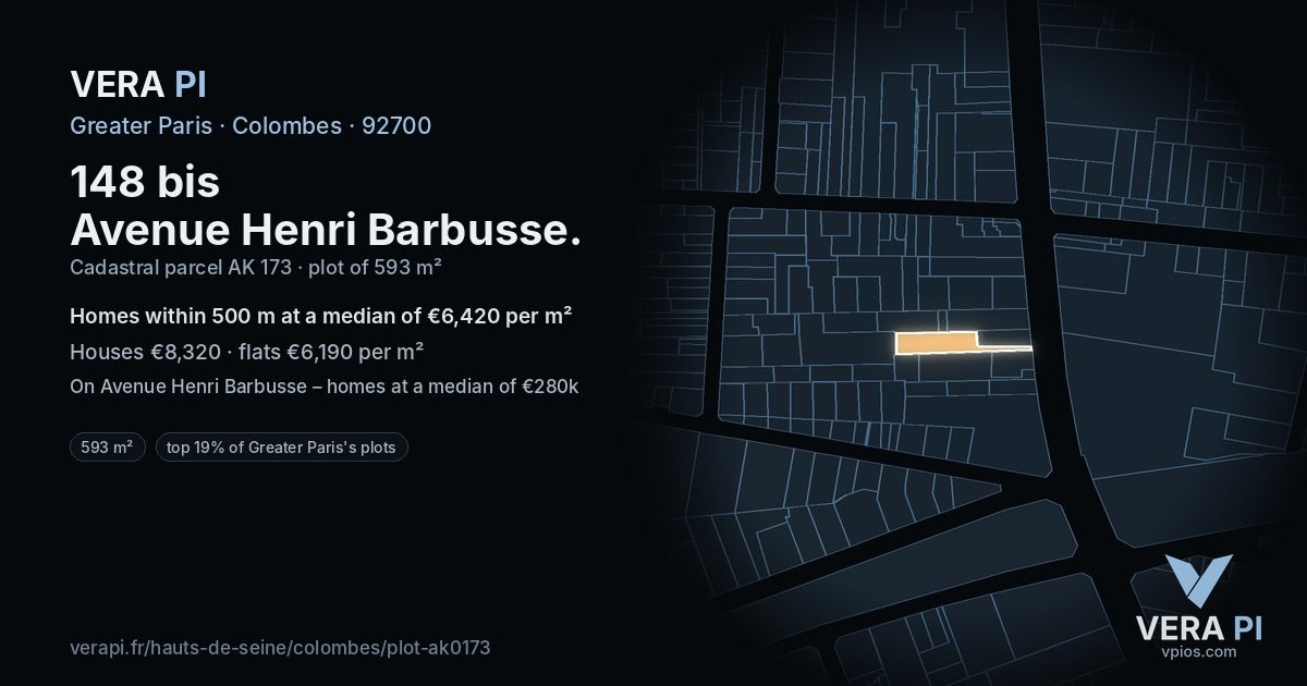 148 bis Avenue Henri Barbusse, Colombes at night – the plot lit, the parcels around coloured by the prices near them