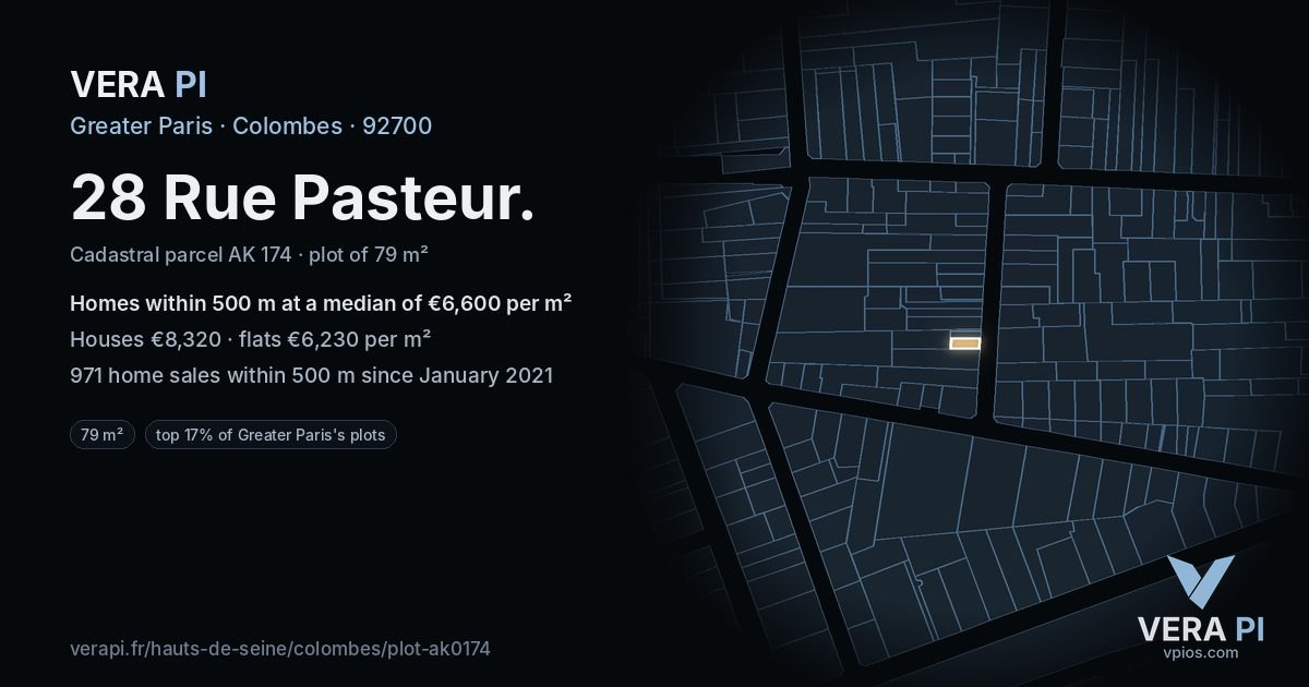 28 Rue Pasteur, Colombes at night – the plot lit, the parcels around coloured by the prices near them