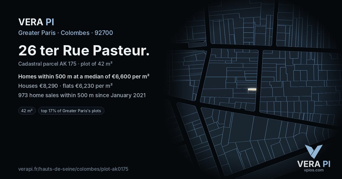 26 ter Rue Pasteur, Colombes at night – the plot lit, the parcels around coloured by the prices near them