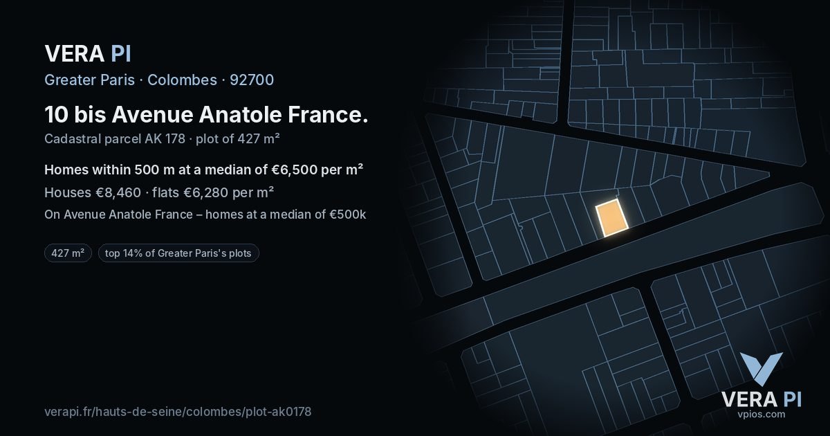 10 bis Avenue Anatole France, Colombes at night – the plot lit, the parcels around coloured by the prices near them