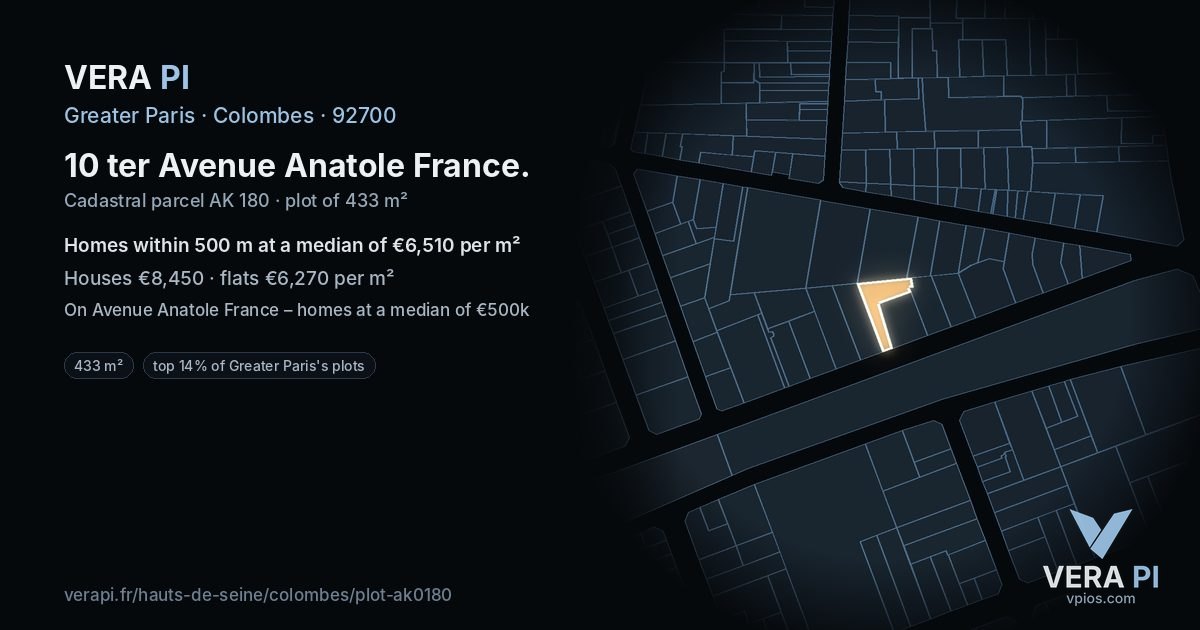 10 ter Avenue Anatole France, Colombes at night – the plot lit, the parcels around coloured by the prices near them