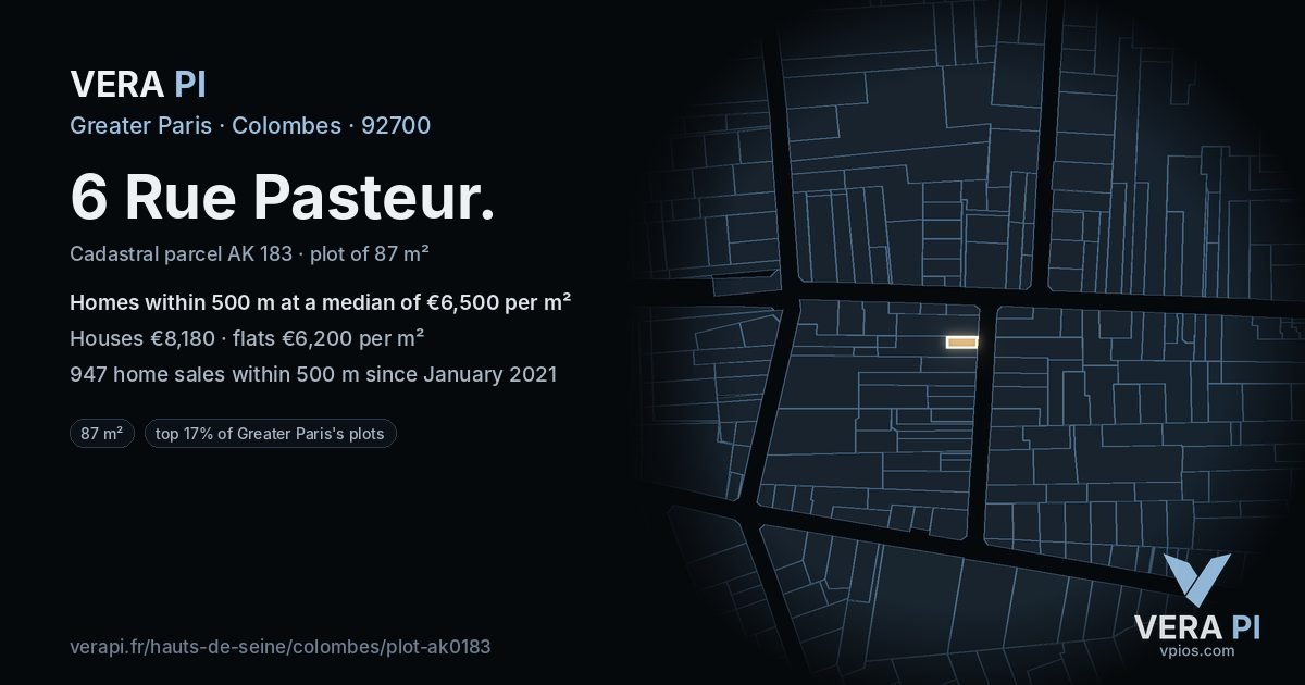 6 Rue Pasteur, Colombes at night – the plot lit, the parcels around coloured by the prices near them