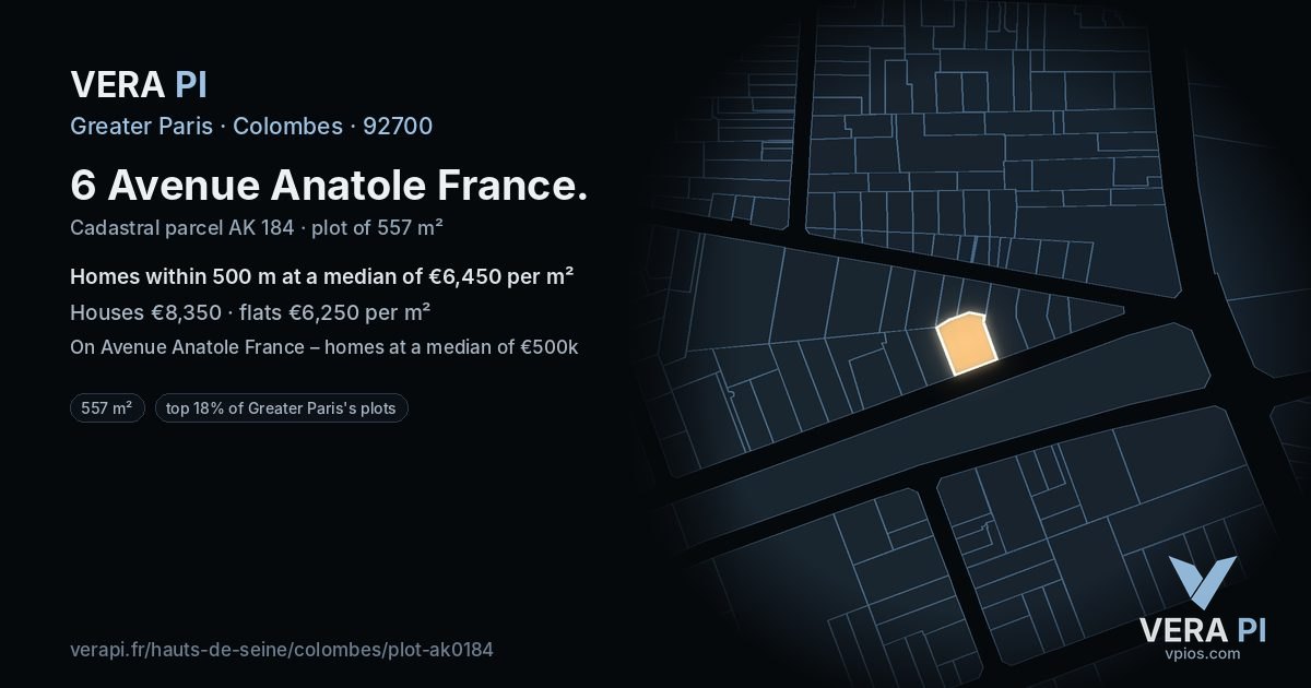 6 Avenue Anatole France, Colombes at night – the plot lit, the parcels around coloured by the prices near them