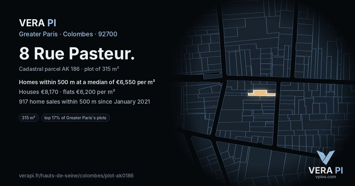 8 Rue Pasteur, Colombes at night – the plot lit, the parcels around coloured by the prices near them