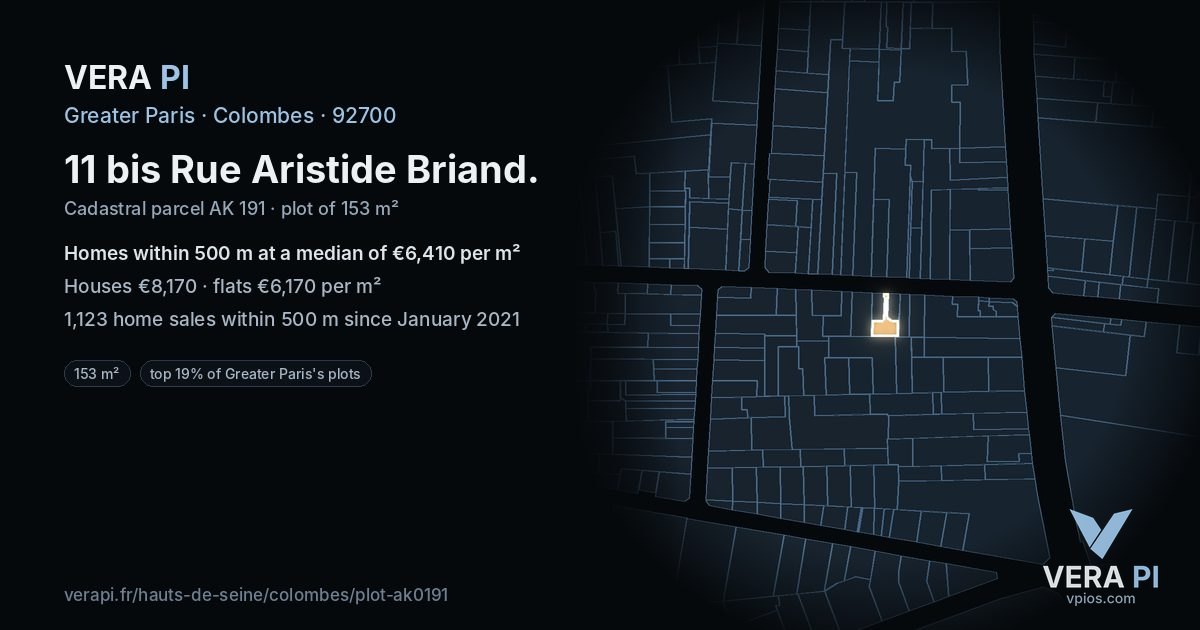 11 bis Rue Aristide Briand, Colombes at night – the plot lit, the parcels around coloured by the prices near them