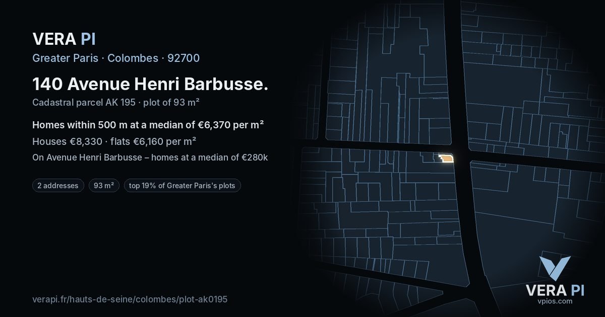 140 Avenue Henri Barbusse, Colombes at night – the plot lit, the parcels around coloured by the prices near them