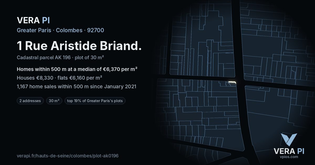 1 Rue Aristide Briand, Colombes at night – the plot lit, the parcels around coloured by the prices near them