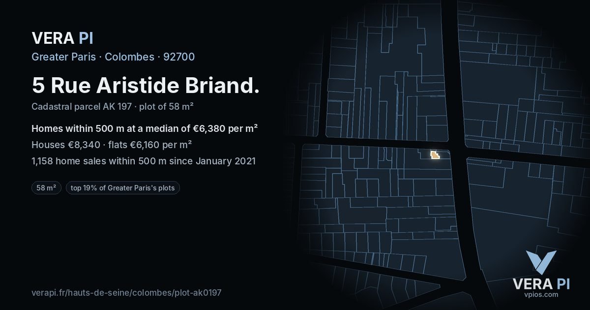 5 Rue Aristide Briand, Colombes at night – the plot lit, the parcels around coloured by the prices near them