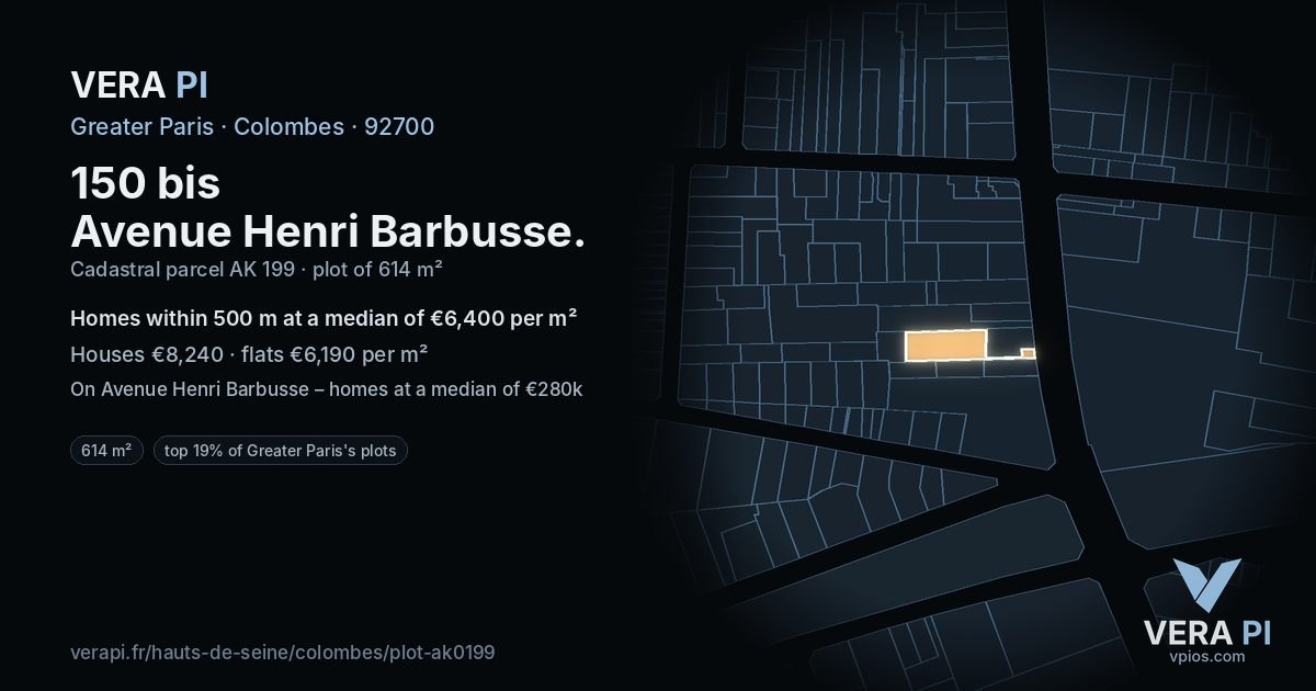 150 bis Avenue Henri Barbusse, Colombes at night – the plot lit, the parcels around coloured by the prices near them
