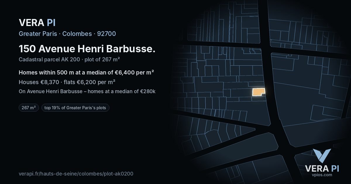 150 Avenue Henri Barbusse, Colombes at night – the plot lit, the parcels around coloured by the prices near them