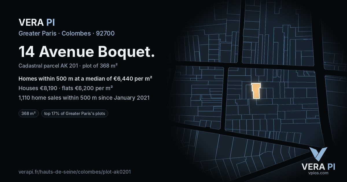 14 Avenue Boquet, Colombes at night – the plot lit, the parcels around coloured by the prices near them
