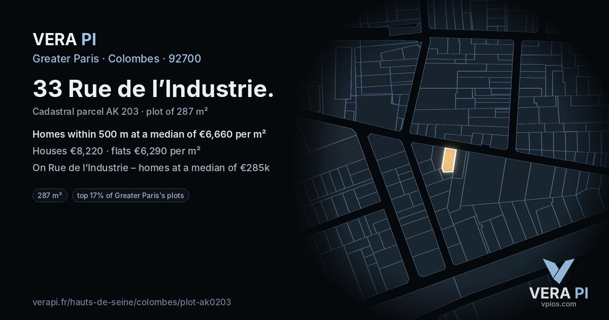 33 Rue de l’Industrie, Colombes at night – the plot lit, the parcels around coloured by the prices near them