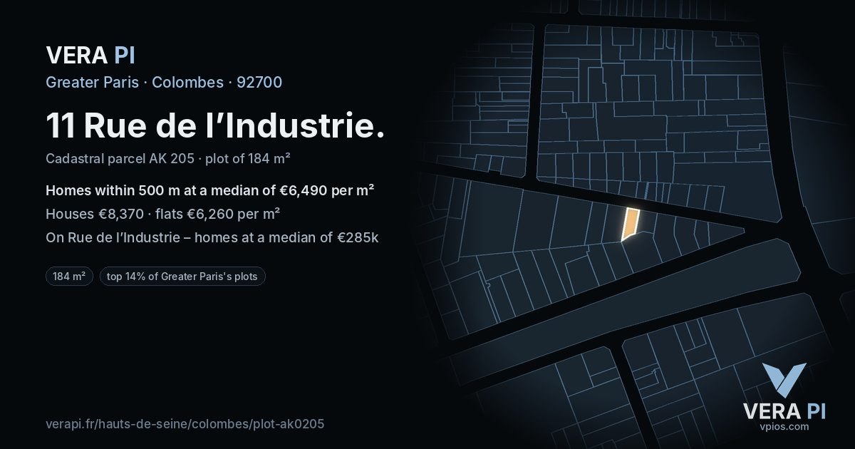 11 Rue de l’Industrie, Colombes at night – the plot lit, the parcels around coloured by the prices near them
