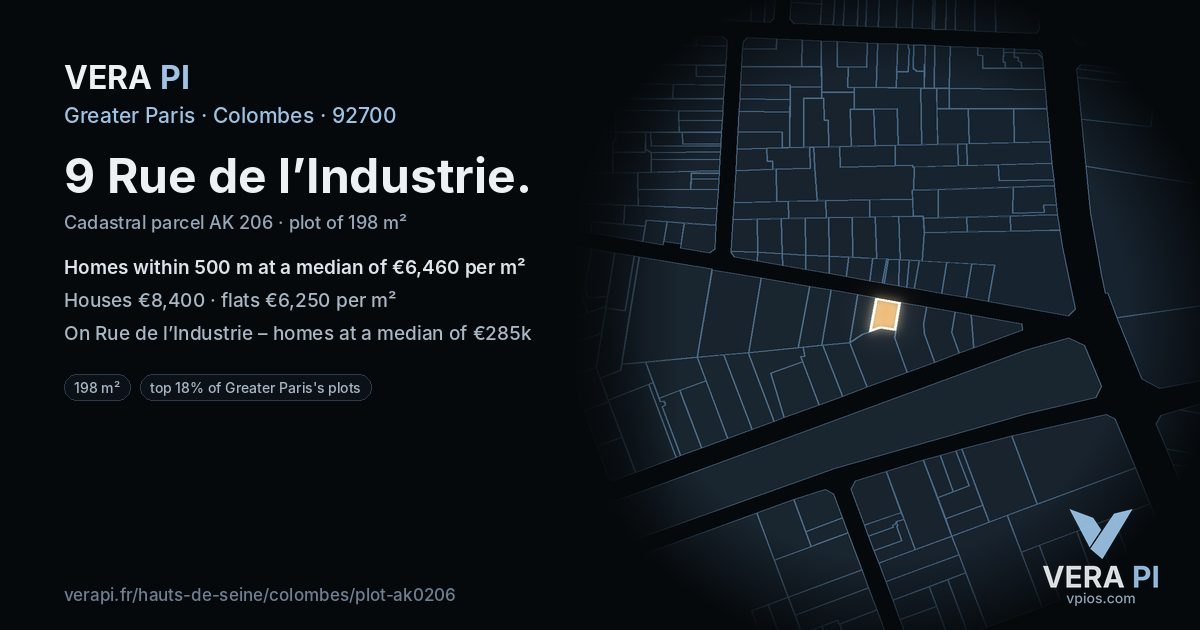 9 Rue de l’Industrie, Colombes at night – the plot lit, the parcels around coloured by the prices near them