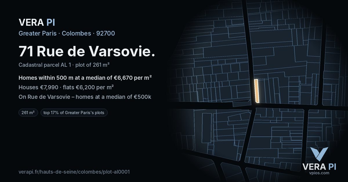 71 Rue de Varsovie, Colombes at night – the plot lit, the parcels around coloured by the prices near them