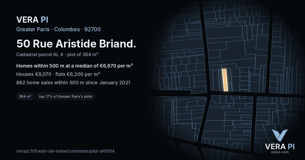 50 Rue Aristide Briand, Colombes at night – the plot lit, the parcels around coloured by the prices near them