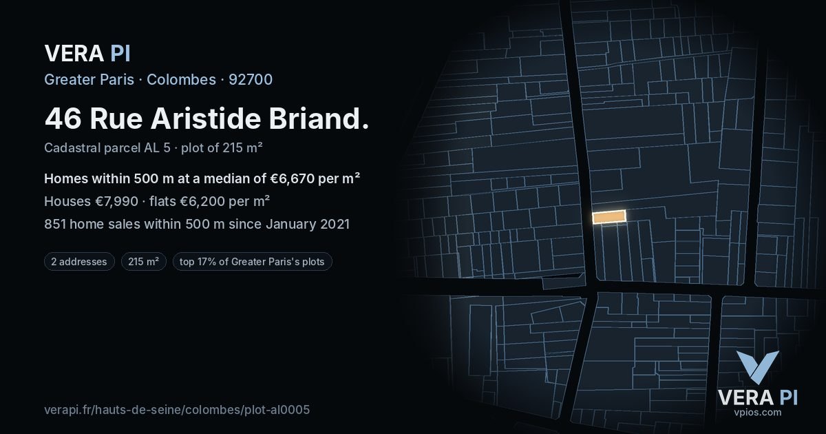 46 Rue Aristide Briand, Colombes at night – the plot lit, the parcels around coloured by the prices near them