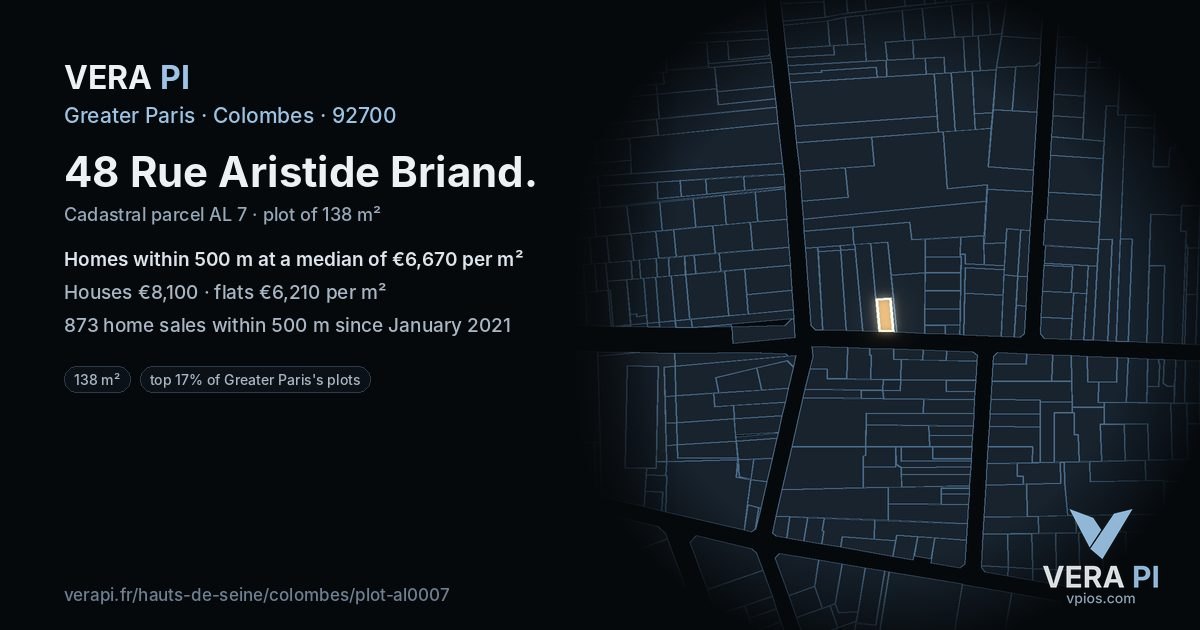 48 Rue Aristide Briand, Colombes at night – the plot lit, the parcels around coloured by the prices near them