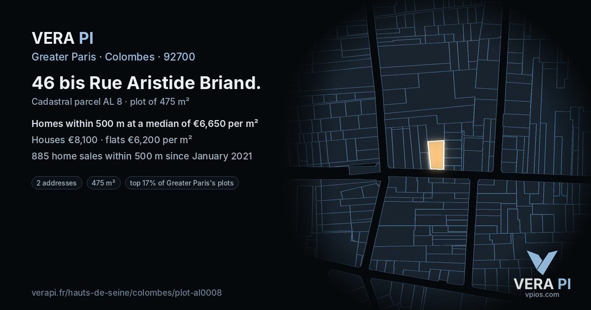 46 bis Rue Aristide Briand, Colombes at night – the plot lit, the parcels around coloured by the prices near them