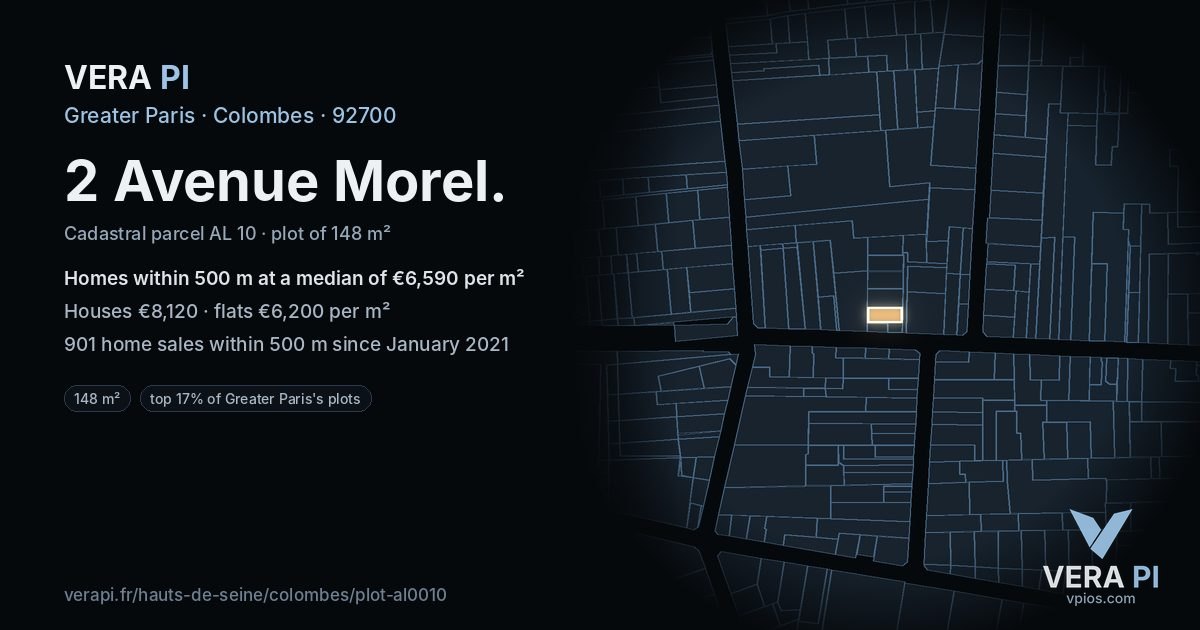 2 Avenue Morel, Colombes at night – the plot lit, the parcels around coloured by the prices near them