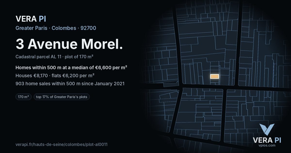 3 Avenue Morel, Colombes at night – the plot lit, the parcels around coloured by the prices near them