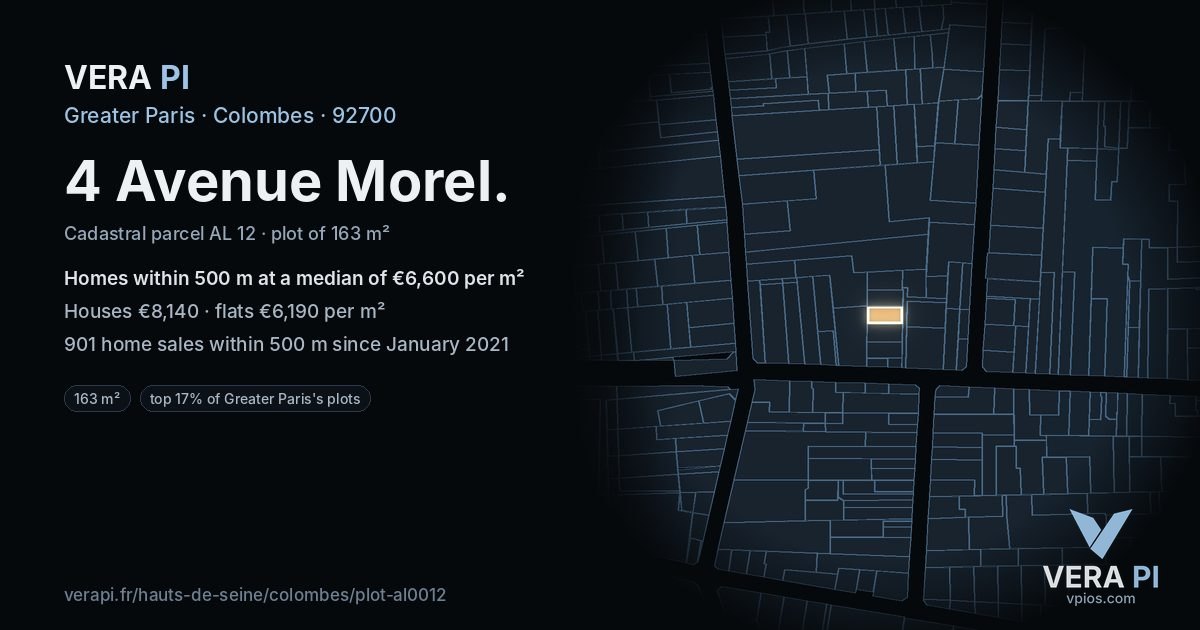 4 Avenue Morel, Colombes at night – the plot lit, the parcels around coloured by the prices near them