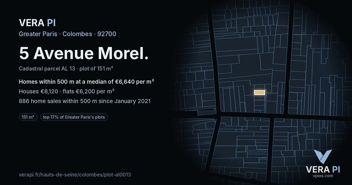 5 Avenue Morel, Colombes at night – the plot lit, the parcels around coloured by the prices near them