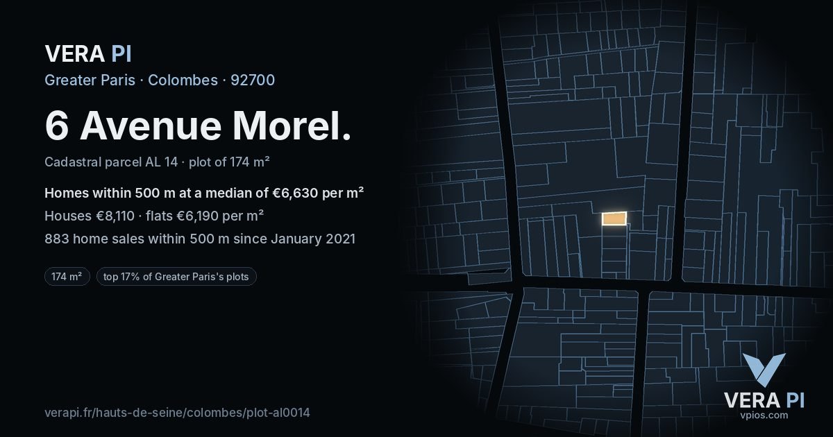 6 Avenue Morel, Colombes at night – the plot lit, the parcels around coloured by the prices near them
