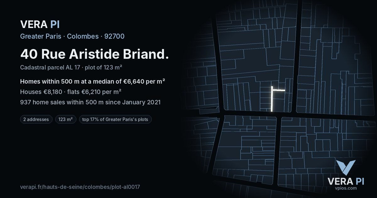 40 Rue Aristide Briand, Colombes at night – the plot lit, the parcels around coloured by the prices near them