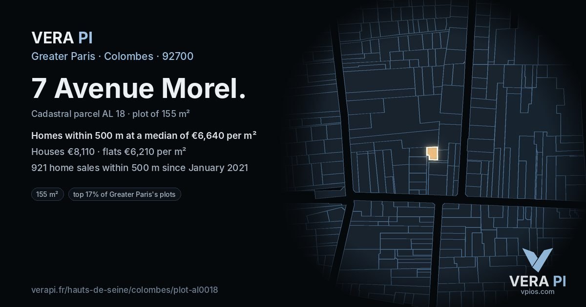7 Avenue Morel, Colombes at night – the plot lit, the parcels around coloured by the prices near them