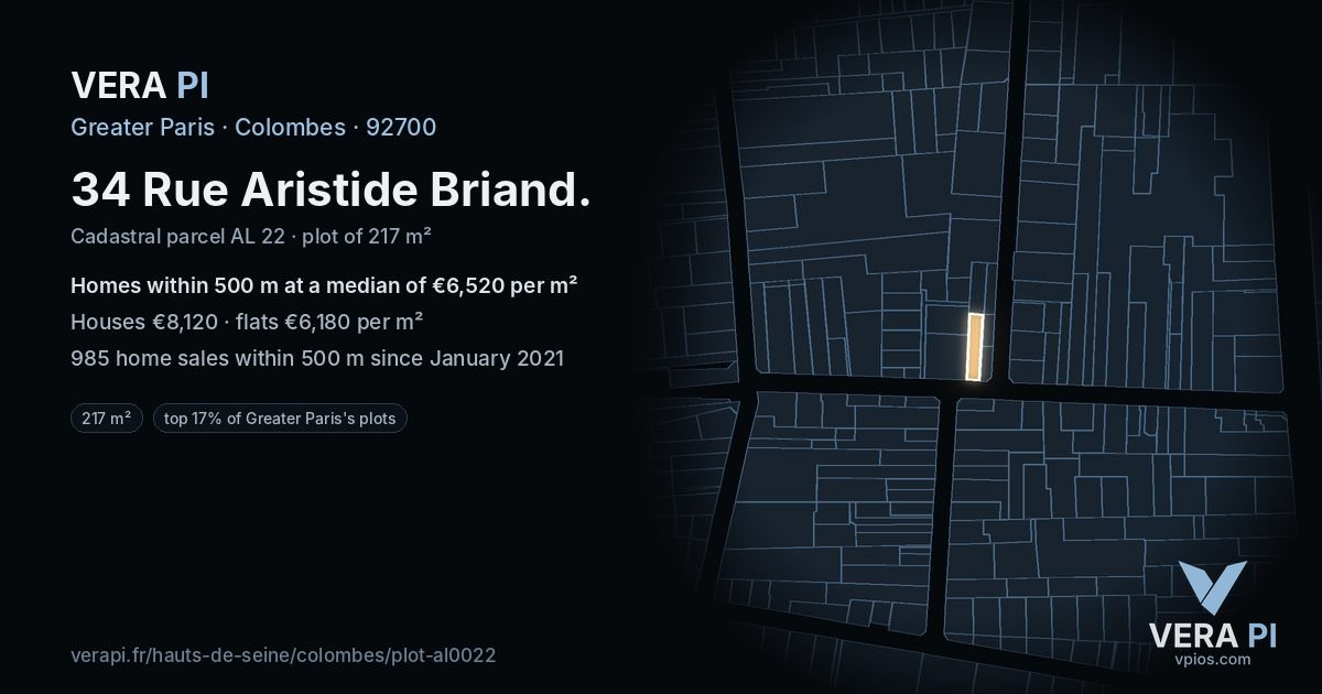 34 Rue Aristide Briand, Colombes at night – the plot lit, the parcels around coloured by the prices near them