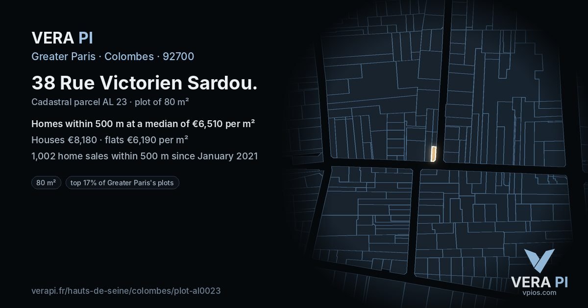 38 Rue Victorien Sardou, Colombes at night – the plot lit, the parcels around coloured by the prices near them