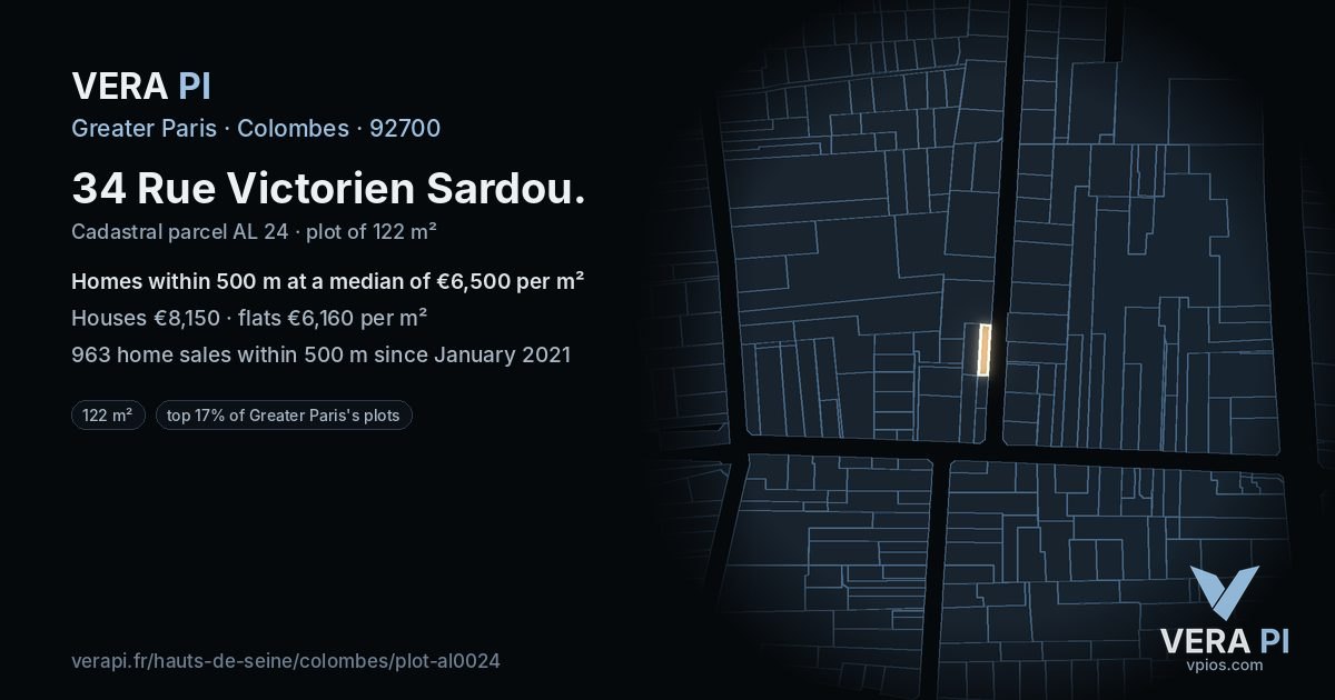 34 Rue Victorien Sardou, Colombes at night – the plot lit, the parcels around coloured by the prices near them