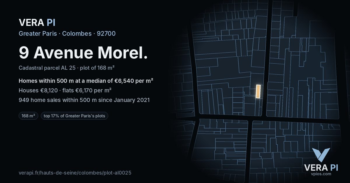 9 Avenue Morel, Colombes at night – the plot lit, the parcels around coloured by the prices near them