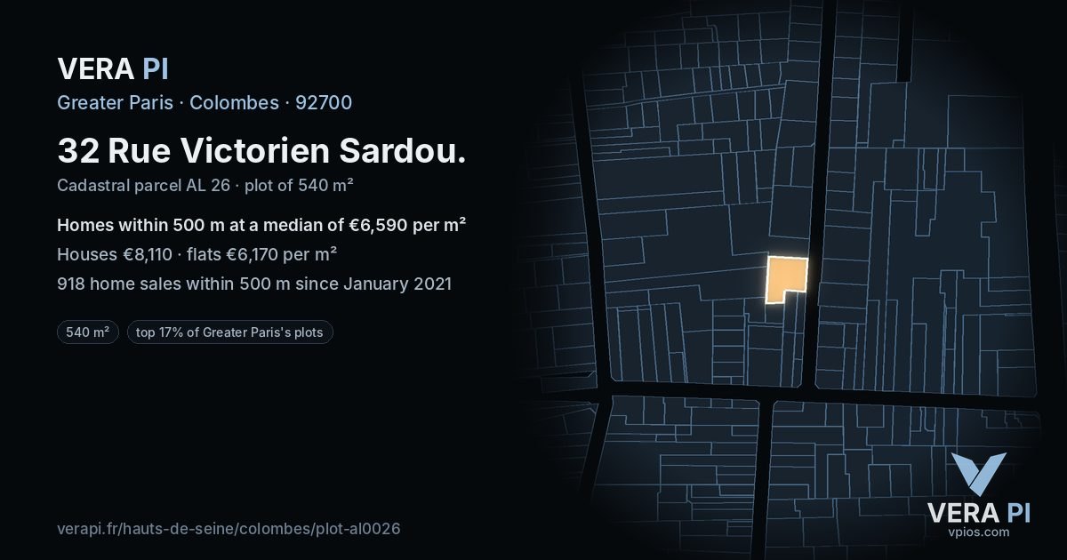 32 Rue Victorien Sardou, Colombes at night – the plot lit, the parcels around coloured by the prices near them