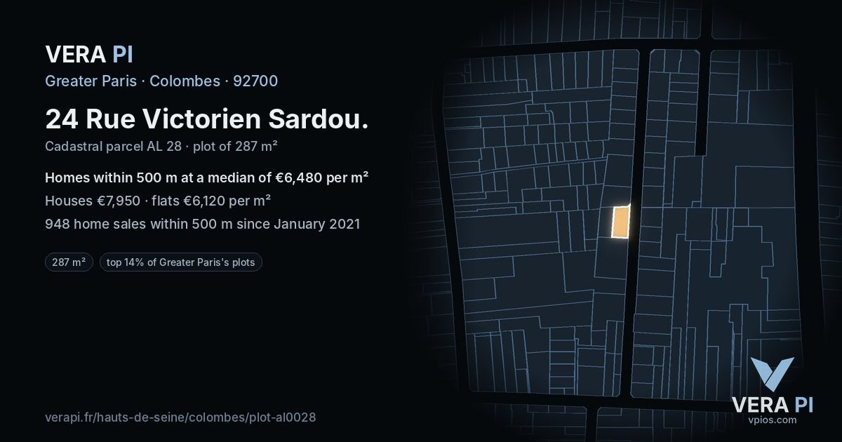 24 Rue Victorien Sardou, Colombes at night – the plot lit, the parcels around coloured by the prices near them