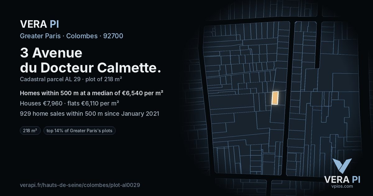 3 Avenue du Docteur Calmette, Colombes at night – the plot lit, the parcels around coloured by the prices near them