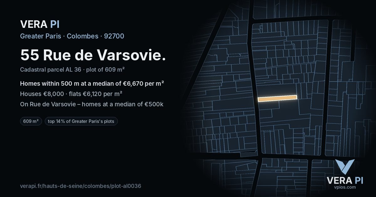 55 Rue de Varsovie, Colombes at night – the plot lit, the parcels around coloured by the prices near them