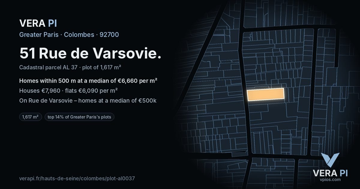 51 Rue de Varsovie, Colombes at night – the plot lit, the parcels around coloured by the prices near them