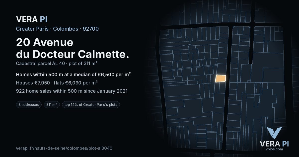 20 Avenue du Docteur Calmette, Colombes at night – the plot lit, the parcels around coloured by the prices near them
