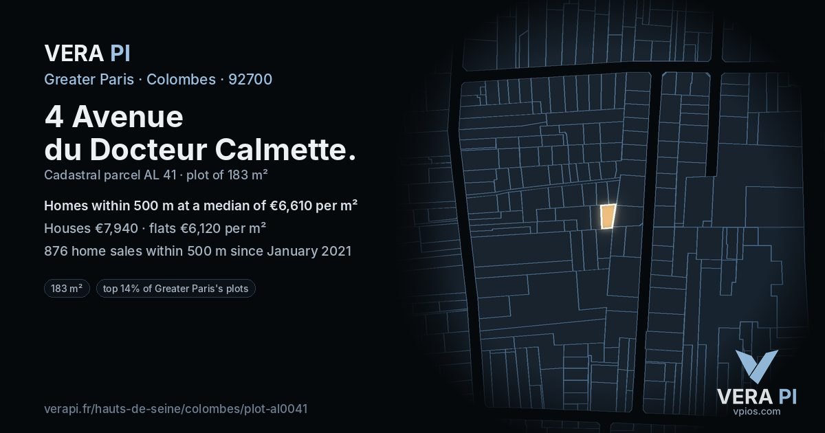 4 Avenue du Docteur Calmette, Colombes at night – the plot lit, the parcels around coloured by the prices near them