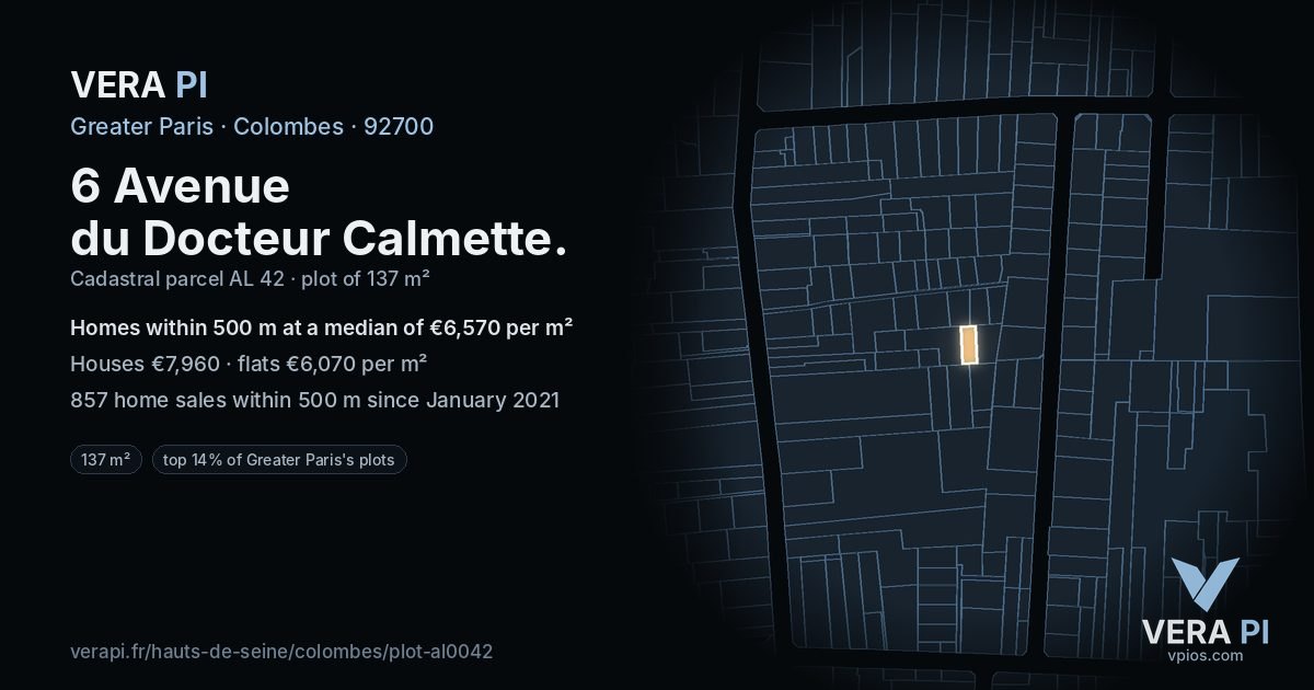 6 Avenue du Docteur Calmette, Colombes at night – the plot lit, the parcels around coloured by the prices near them