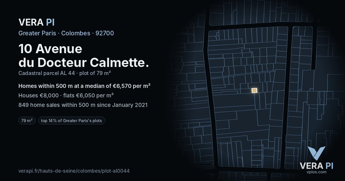 10 Avenue du Docteur Calmette, Colombes at night – the plot lit, the parcels around coloured by the prices near them