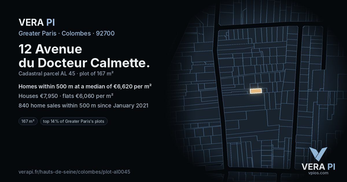 12 Avenue du Docteur Calmette, Colombes at night – the plot lit, the parcels around coloured by the prices near them