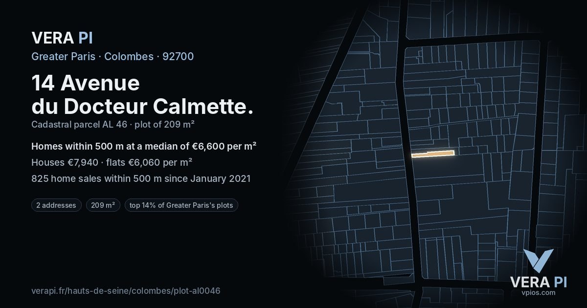 14 Avenue du Docteur Calmette, Colombes at night – the plot lit, the parcels around coloured by the prices near them